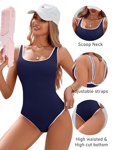 BMJL Women's One Piece Swimsuit Ribbed High Cut Slimming Bathing Suit - Medium Dark Blue