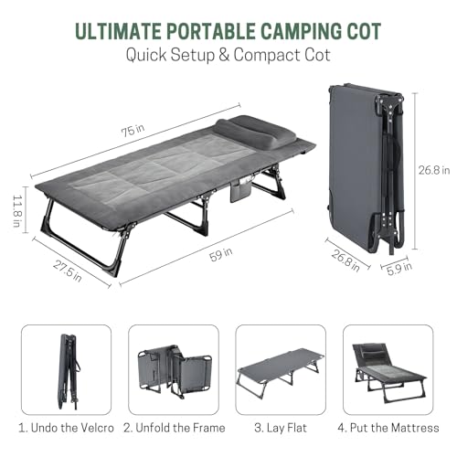 Mopaicot Folding Camping Cot with Adjustable Backrest, Pillow & Velvet Fabric