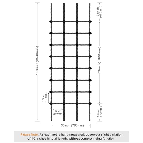 Kids Outdoor Climbing Cargo Net 30x139 Inches No-Knot Nylon Playground Net - Black