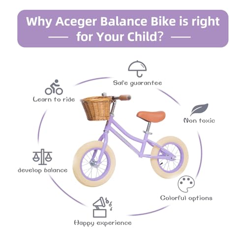 ACEGER 12-Inch Purple Kids Balance Bike with Basket, Lightweight Toddler Bicycle for 2-5 Years