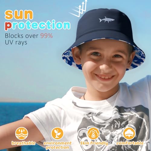 Kids Sun Hat Double-Side Sun Protection Bucket Hat for Boys and Girls - Navy Blue, 8-13 Years