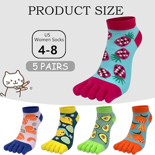 Women's Multicolor Funny Toe Socks - Five Finger Low Cut Cartoon Cotton Running Ankle Socks