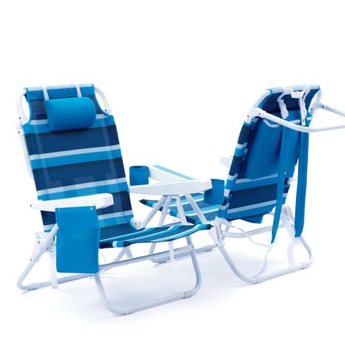 Blue Stripe Folding Beach Chair 2 Pack with Mesh Fabric & Cooler Bag