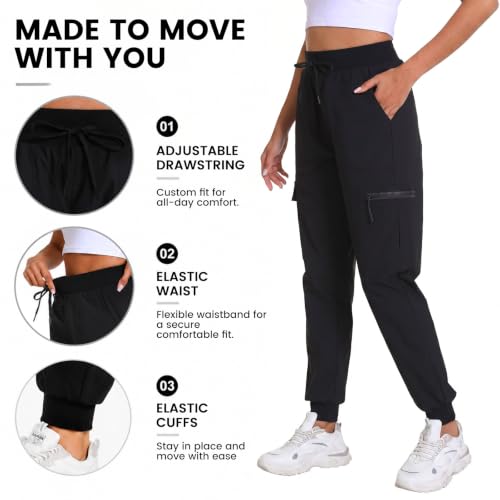 Women's Lightweight Cargo Hiking Pants with Pockets - Large, Dark Black, Elastic Leg Openings