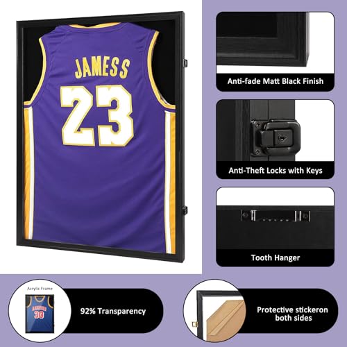 Black Jersey Display Case with Locks, UV Protection Acrylic, 3 Display Options, 31.25x23.25 Inches - Black Frame 1 Pack