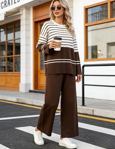 Women's 2 Piece Knit Striped Sweater Lounge Set - Large Coffee