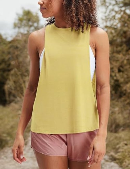 Hanyomo Womens Workout Fitness Tank Tops Cropped Sleeveless Gym Yoga Running Athletic Shirts Yellow L
