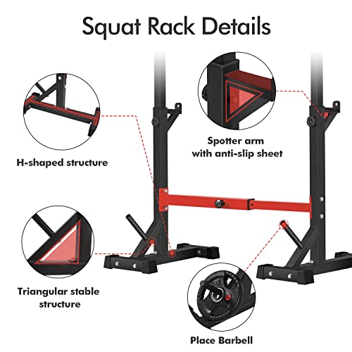 Red Adjustable Squat Rack Stand for Home Gym 550Lbs Capacity Barbell Storage