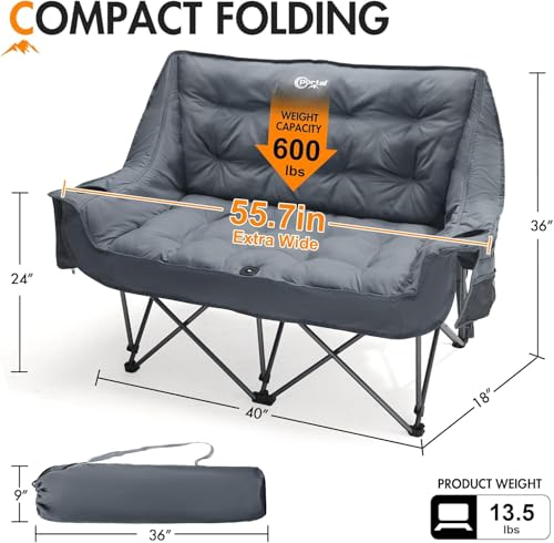 Portal Pure Grey Double Camping Chair, 2 Person Folding Loveseat with Padded Cushions & Cup Holders