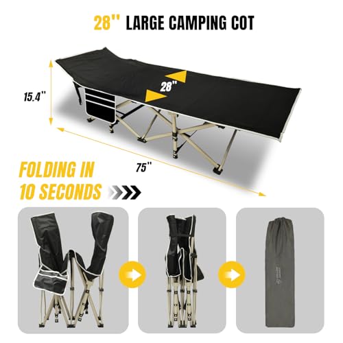 Yellow Jacket Black Folding Camping Cot for Adults, 600LBS Support, Removable Mattress, Portable Bed for Camping, Travel, Home, Office