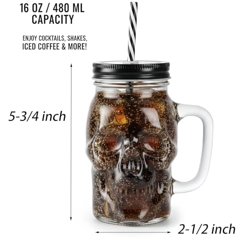Skull Mason Jars with Handle - 16 Oz Glass Beer Mugs for Halloween Parties