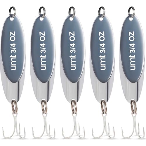 5 Pack 3/4oz Chrome Fishing Spoon Lures with Sharp Treble Hooks for Saltwater & Freshwater