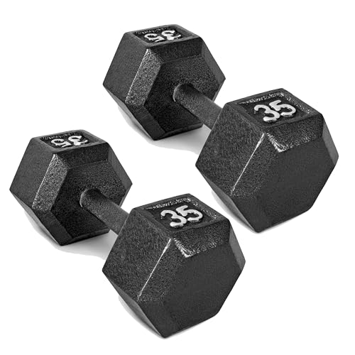Black 35 lb Pair Cast Iron Hex Dumbbells - Hand & Free Weights for Strength Training
