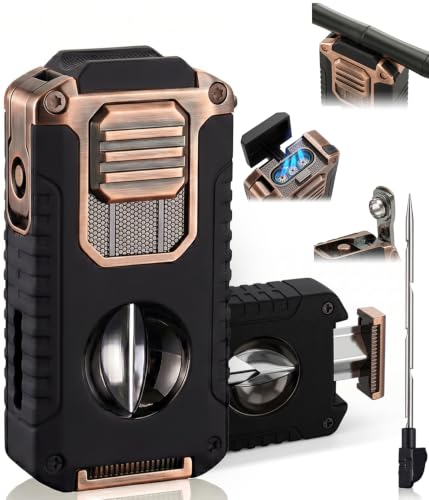 5-in-1 Butane Torch Lighter with Copper & Matte Black - Windproof Triple Jet Flame, Punch & V Cutter, Refillable Pocket Tool