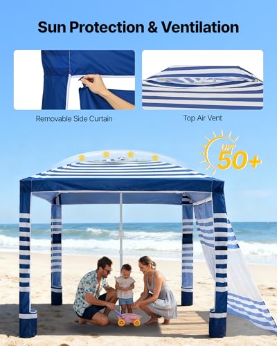 Beach Cabana 8x8 ft with Side Wall Navy Stripes UPF 50+ Sun Shelter Portable Shade
