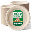 JOLLY CHEF 10 Inch Compostable Heavy Duty Disposable Paper Plates 500 Pack - Eco-Friendly Brown