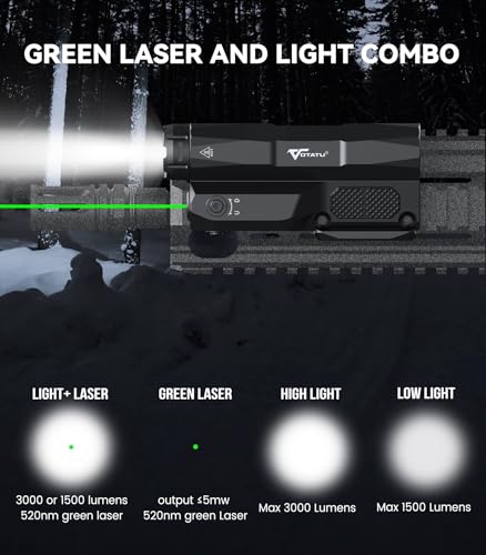 VOTATU M6LP-G High Power 3000 Lumen Rechargeable LED Flashlight with Green Laser Combo, Picatinny & M-LOK Mount