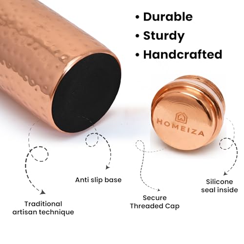 Pure Copper Water Bottle 34 Oz with Cleaning Brush & Bag - Handcrafted Hammered Finish