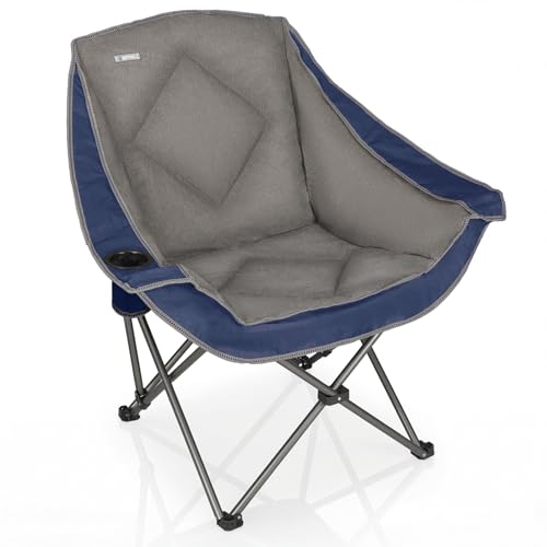 Oversized Portable Camping Chair with Cup Holder - Blue, Heavy Duty Padded Lawn Chair for Camping, Beach & Outdoor Use