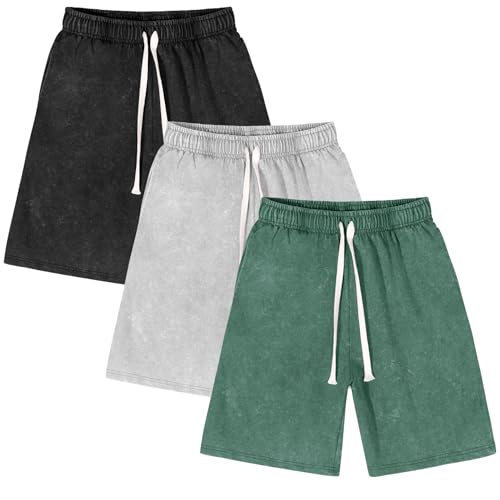 Flygo Men's 3 Pack Athletic Sweat Shorts - Acid Washed with Pockets - Large / Black Light Grey Green