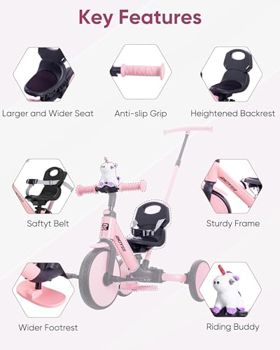 Toddler Tricycle 5-in-1 Kids Ride-On with Parent Steering Pink - Grow with Child