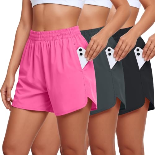 Women's Athletic Running Shorts with Pockets - 3 Pack, Medium, Black Gray Pink