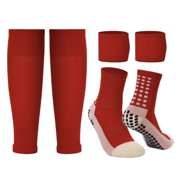 Soccer Grip Socks with Leg Sleeves - Anti-Slip Performance with Shin Guard Straps - One Size Red