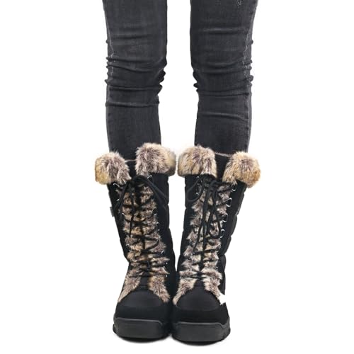 Women's Black Winter Snow Boots with Fur Cuff - Waterproof Mid-Calf Lace-Ups - Variation: Brown Fur