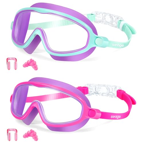Kids Swim Goggles Anti-Fog UV Wide View 2-Pack Pink Purple & Green Purple