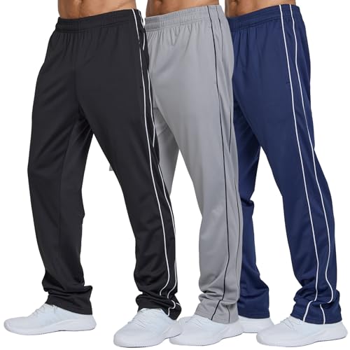 Men's Athletic Track Pants 3 Pack - Open Bottom Sweatpants, X-Large Black White & Navy