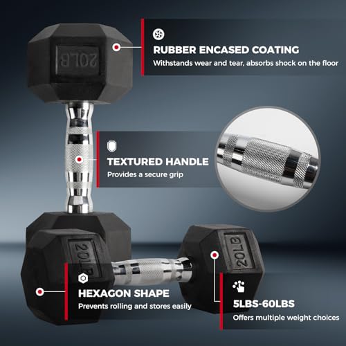 RitFit Rubber Coated Hex Dumbbell Set 2 x 20 lbs for Home Gym Strength Training
