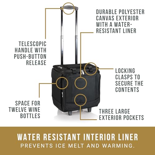 Rolling Wine Cooler Tote - Insulated 12-Bottle Cooler with Wheels & Pockets - Black - Cooler