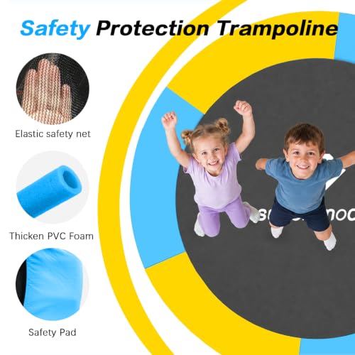 PY SUPER MODE 55-Inch Kids Indoor & Outdoor Trampoline with Enclosure, Adjustable Gymnastics Bar & Toys (Blue & Yellow, 55")