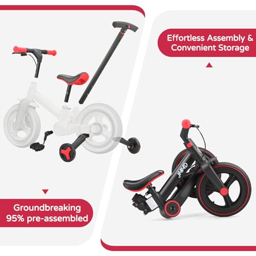 Black 12-Inch Foldable 6-in-1 Toddler Bike with Push Handle & Training Wheels