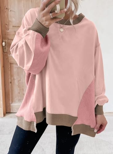 Women’s Oversized Waffle Knit Crew Neck Sweatshirt - Light Pink, Medium