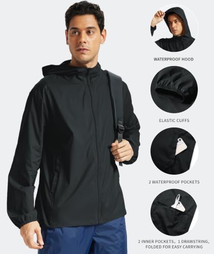 Men's Lightweight Hooded Waterproof Rain Jacket - Black, Medium, Packable Windbreaker