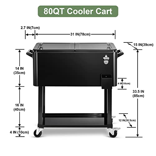 80 Qt Rolling Ice Chest Cooler Cart - Black, Portable Beverage Trolley