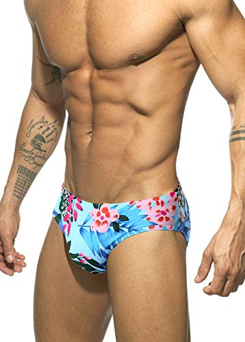 Men Swimsuit Bikini Briefs with Adjustable Drawstring - Large Flowerblue