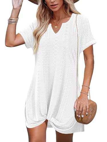 Women’s V-Neck Loose Twisted Swim Coverup Dress Large White Vacation Beachwear