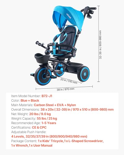 VEVOR 6-in-1 Toddler Tricycle & Stroller with Canopy, Parent Push Handle, Adjustable Seat, Blue/Black