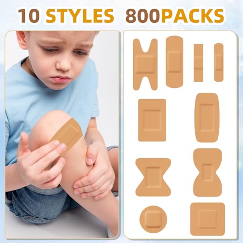 800 Pack Assorted Waterproof Adhesive Bandages - Breathable First Aid Supplies, 10 Styles, Bulk First Aid Kit Refill