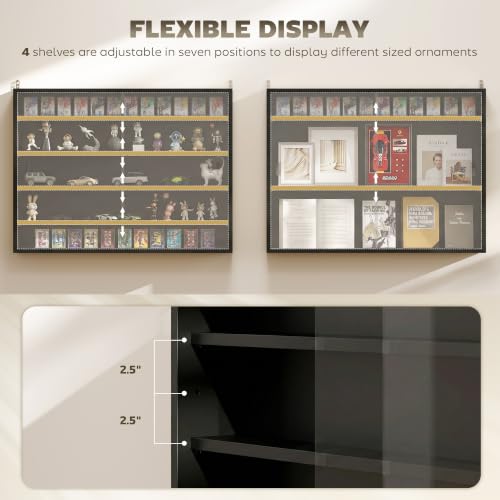 Wall Mounted Glass Display Cabinet - 5 Tiers, Adjustable Shelves, Jet Black