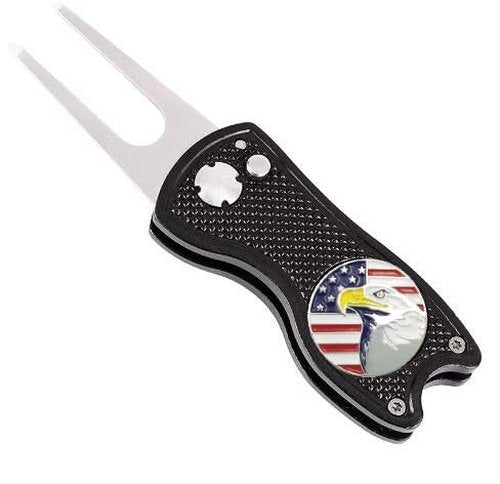 Patriotic Golf Divot Tool with USA Flag & Eagle Ball Marker - Perfect for Golfers (Black)