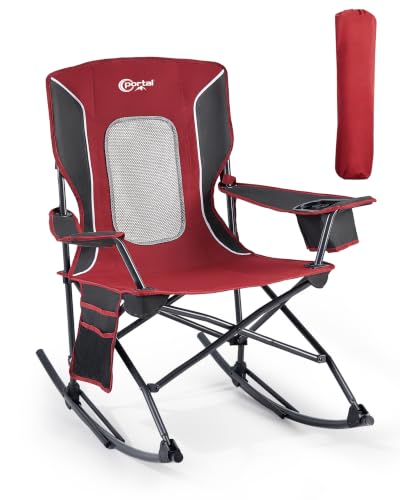Portal Breathable Mesh Red Folding Camping Rocking Chair, 350LBS Portable Outdoor Seat