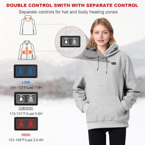 X-Large Gray Heated Hoodie for Men Women with 16000mAh Battery Pack, 6 Heating Zones