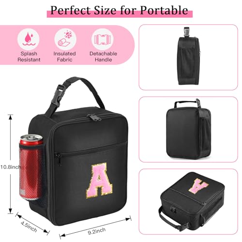 SANBADA Personalized Pink Insulated Lunch Bag with Letter A Patch for Teens & Adults
