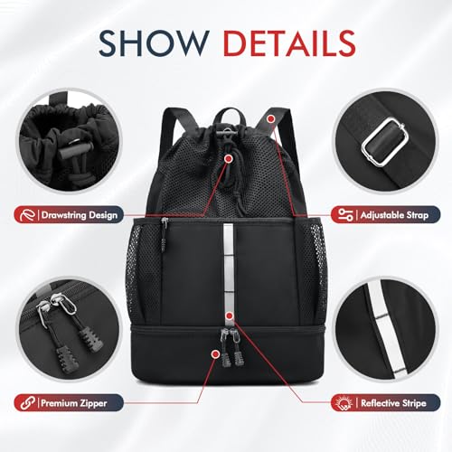 PinCute Drawstring Mesh Gym Backpack with Wet Pocket - Black