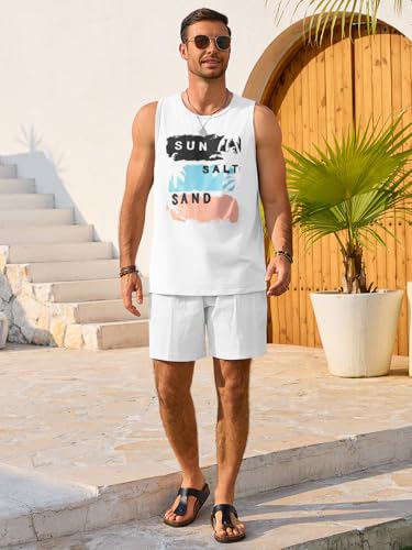 Runcati Mens Sleeveless Hawaiian Beach Tank Top Large White