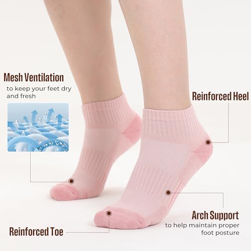 Bamboo Cool Athletic Ankle Socks - Moisture-Wicking, 5/6 Pairs, Black/White/Gray/Khaki/Pink, Medium