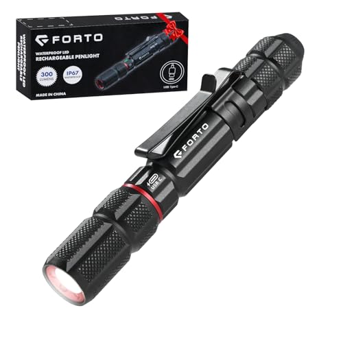 FORTO Black Rechargeable Pen Light 300 Lumens, IP67 Waterproof, USB-C, 2 Modes, Clip, Inspection & Emergency